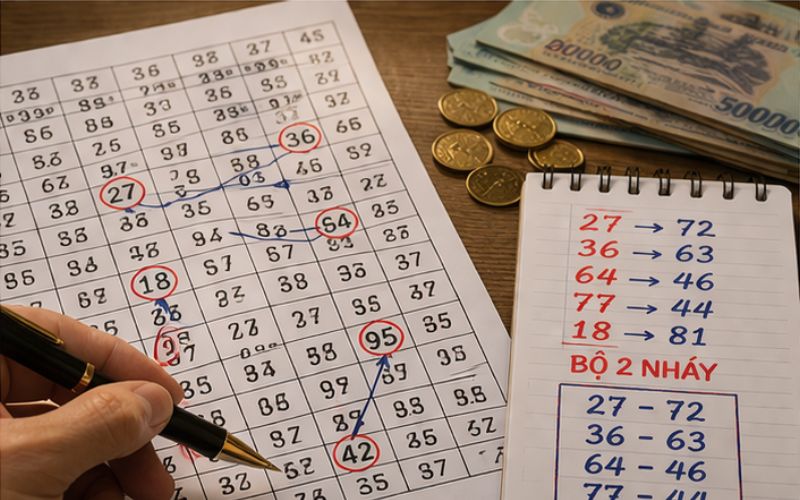 soi cầu 2 nháy miễn phí với các cặp số lô được khoanh rõ